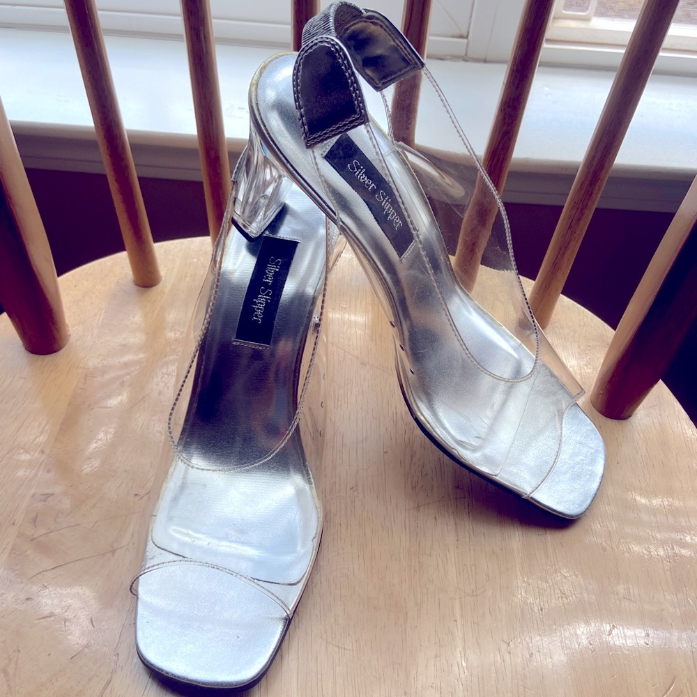 Silver Slippers Clear Heel Shoes